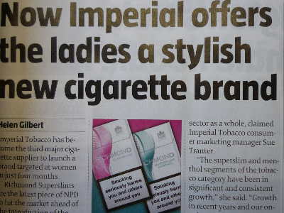 A photo of a newspaper article with the title: "Now Imperial offers the ladies a stylish new cigarette brand".