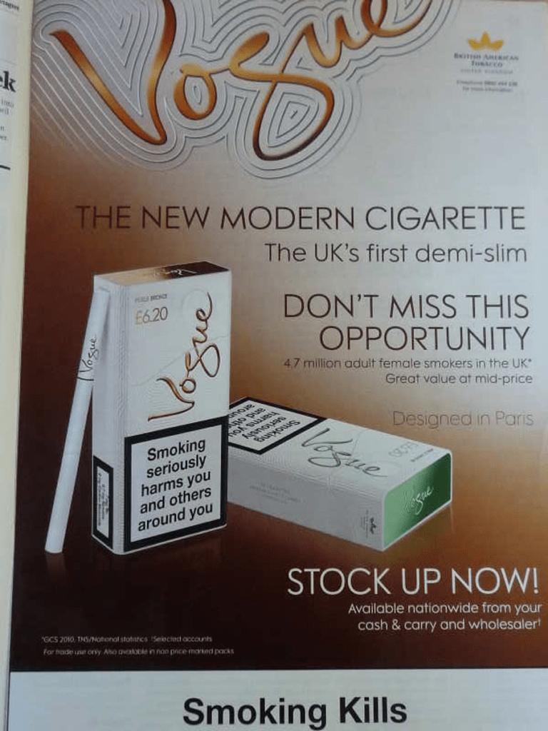 A newspaper advertisement for British American Tobacco's "Vogue" cigarettes. The image includes the text: "The New Modern Cigarette. The UK's first demi-slim. Don't miss this opportunity".