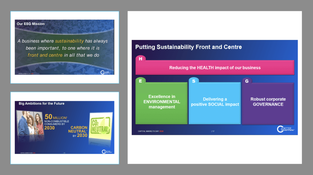Three slides from a British American Tobacco corporate presentation emphasising the importance of Sustainbility to its business vision. Top left slide (1) reads "Our ESG Mission: A business where sustainability has always been important, to one where it is front and centre in all that we do". Bottom left slide (2) reads "Big Ambitions for the future: "50 million non-combustibel consumers by 2030; Carbon neutral by 2030". Right (3) reads "Putting sustainability front and centre: (H) Reducing the HEALTH impact of our business; (E) Excellence in ENVIRONMENTAL management; (S) Delivering a positive SOCIAL impact; and (G) Robust corporate GOVERNANCE".