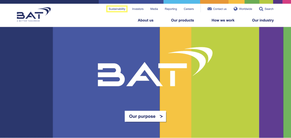 A screenshot of the British American Tobacco website, taken in March 2020. The website is rainbow themed and has new logo. A yellow box emphasises the presence of a "Sustainability" tab in the top menu header.