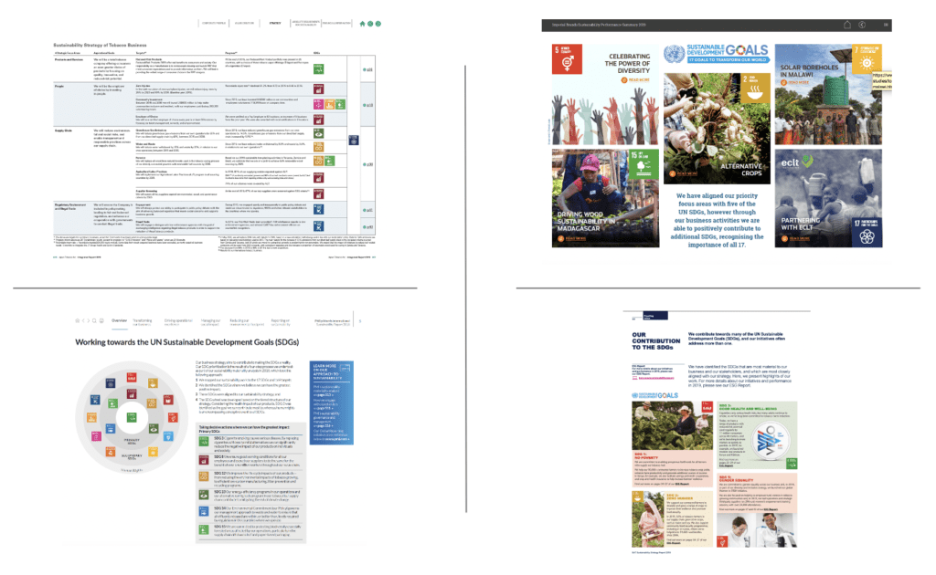 Four images show pages from tobacco company reports that include information on how company strategy aligns with United Nations Sustainable Development Goals (UN SDGs). Clockwise from top left: JT Group 2019, Imperial Brands 2019, BAT 2019, PMI 2019.