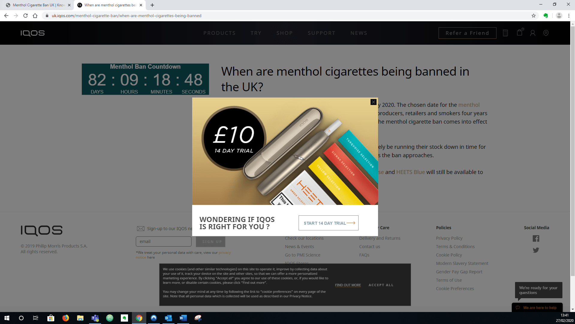 Image of screenshot with menthol ban countdown clock, and IQOS pop-up and £10 trial