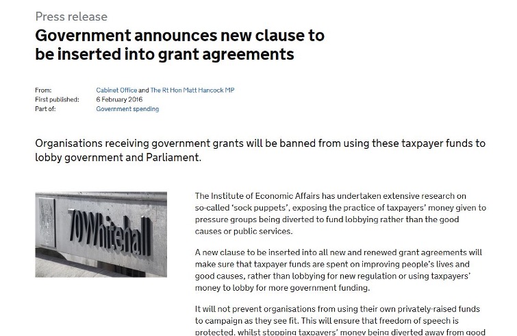 A screengrab of the gov.uk announcement of changes to charity lobbying rules.