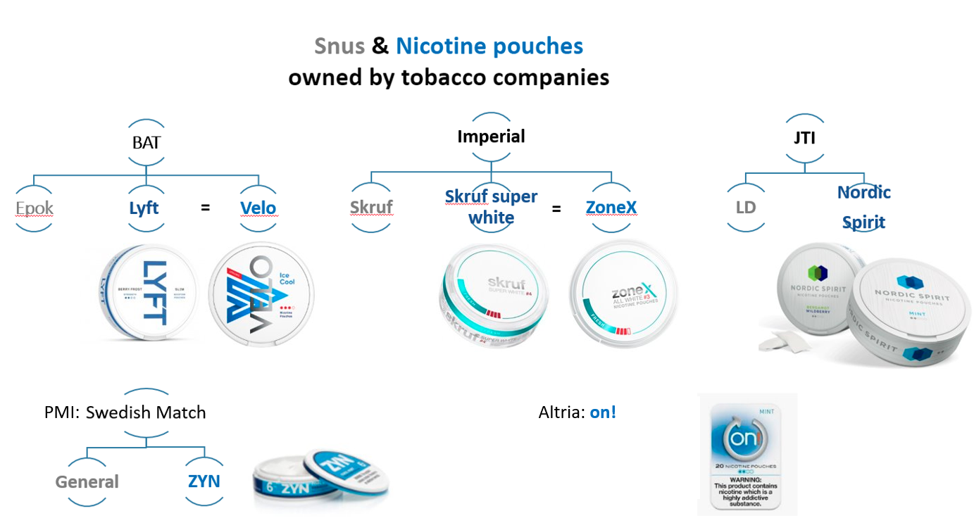 A diagram showing which companies own which nicotine pouches